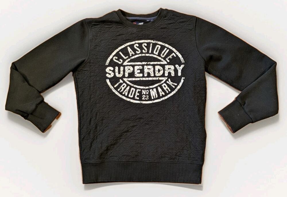 Superdry Graphic Sweatshirt Mens M Black Quilted Crewneck Logo Pullover